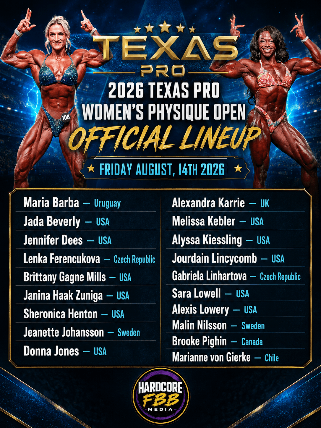 2026 Texas Pro Women’s Physique Open official lineup for Friday August 14